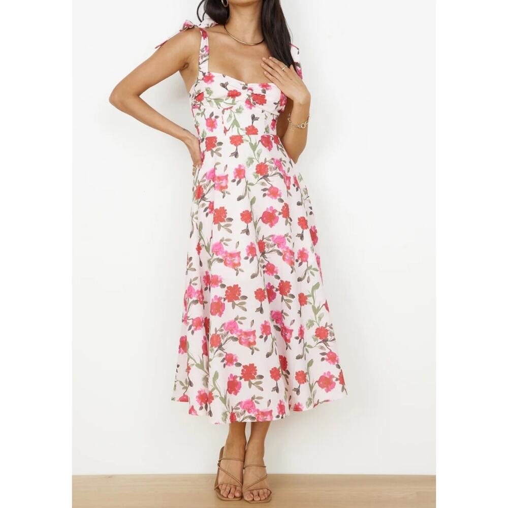 Here Comes the Sun Floral Tie Strap Fit & Flare Midi Dress White Pink Medium